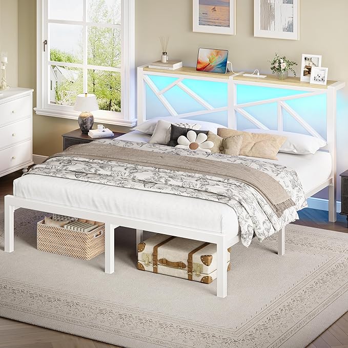 King White Metal Bed Frame with USB Charging Station, LED Ambient Lighting, and Wooden Storage Headboard - Includes Under-Bed Storage, No Box Spring Needed, Noise Free, Easy to Assemble