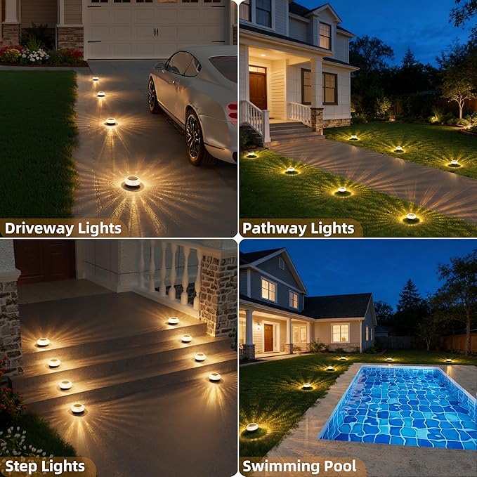 VOLISUN Solar Ground Lights Outdoor,12 Pack Flat Solar Pathway Lights,IP67 Waterproof Solar Powered Disc Lights,Landscape Lighting for Garden Yard Walkway Patio Driveway,Warm White