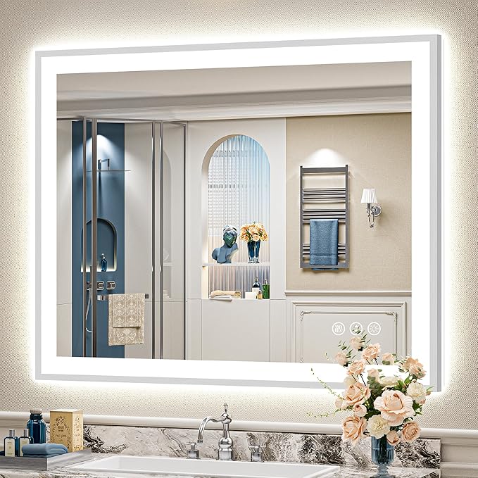 44x36 Brushed Nickel LED Bathroom Mirror with Lights, Sliver Framed Backlit and Front Lit Anti-Fog Lighted Vanity Mirrors for Bathroom Wall, Dimmable, 3 Colors, Memory, Tempered Glass, CRI＞90