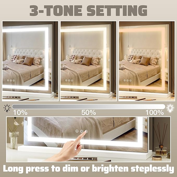 HNV 22.8"x18" Lighted Makeup Mirror with 10X Magnification, LED Vanity Mirror with 3-Color Dimmable Touch Control, Tabletop or Wall-Mounted Makeup Mirror, White