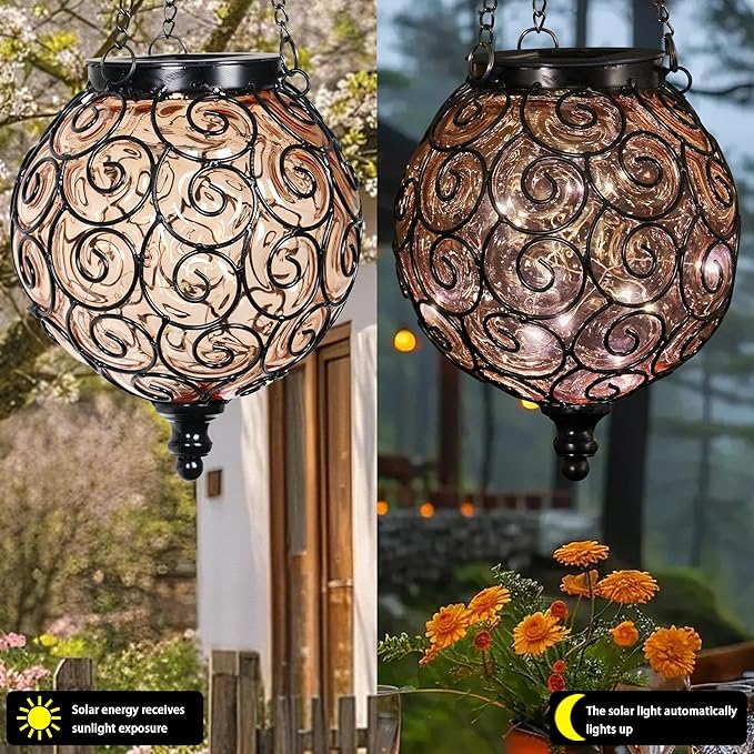 Solar Hanging Lantern Outdoor Garden Lights, Round Glass and Metal Hanging Lantern, 15 Firefly LED Lights, 7 x 20 Inch, Amber