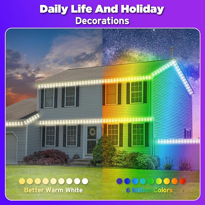 permanent outdoor lights 300FT Smart RGB Outdoor Lights - IP67 Waterproof LED Strip Lights with App/Remote Control, for Holiday Decor, Garden, Patio & Home Accent Lighting (Permanent Installation)