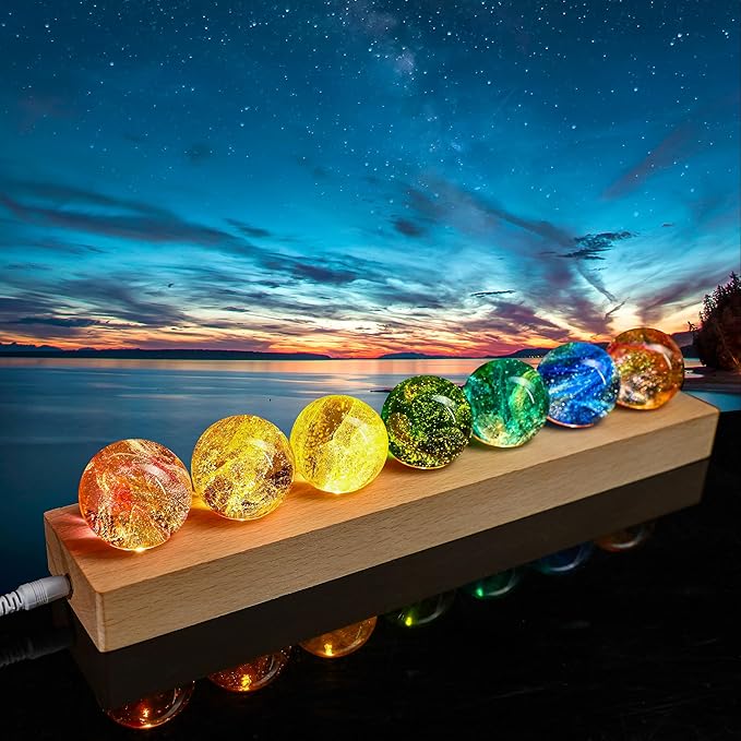 YU FENG 7 Colors 40mm/1.6in Glass Ball Night Light for Meditation with LED Wooden Base 7 Chakra Natural Healing Spheres Decorative Balls