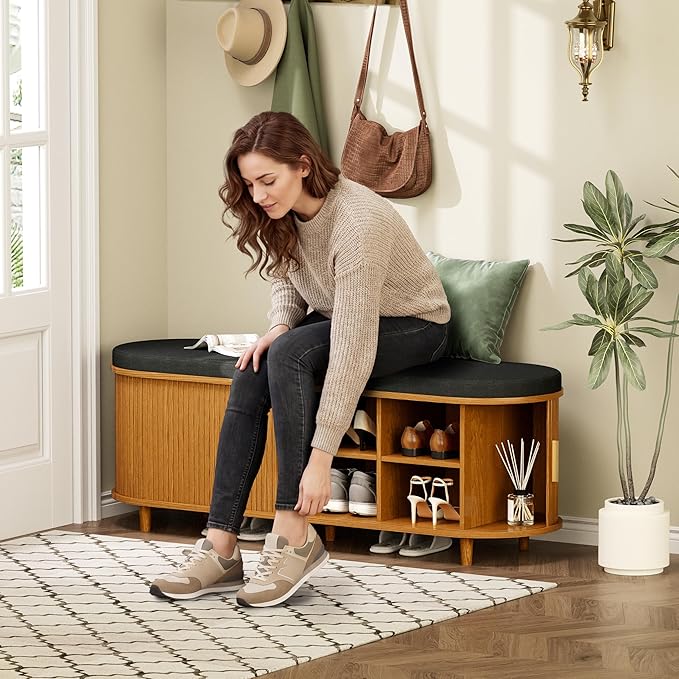 Entryway Bench with Storage: 51.2" Wooden Bedroom Shoe Bench with Thickened Padded Seat Cushion, Mid Century Modern Fluted Sliding Door and Adjustable Shelf, for Entryway, Living Room