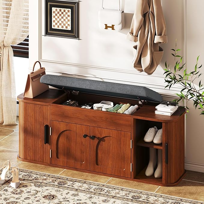 47.2'' Entryway Shoe Storage Bench with Seat Cushion & Sliding Door, Shoe Rack with Lift-Top Hidden Storage & Adjustable Shelf, Bench for Bedroom End of Bed, Walnut