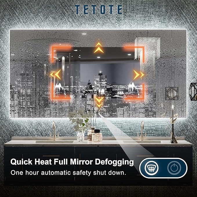 TETOTE 48 x 24 LED Backlit Bathroom Mirror with Light,3Color White/Warm/Natural,Anti-Fog Lighted Mirror,Dimmable,Vanity Mirror,Wall Mounted