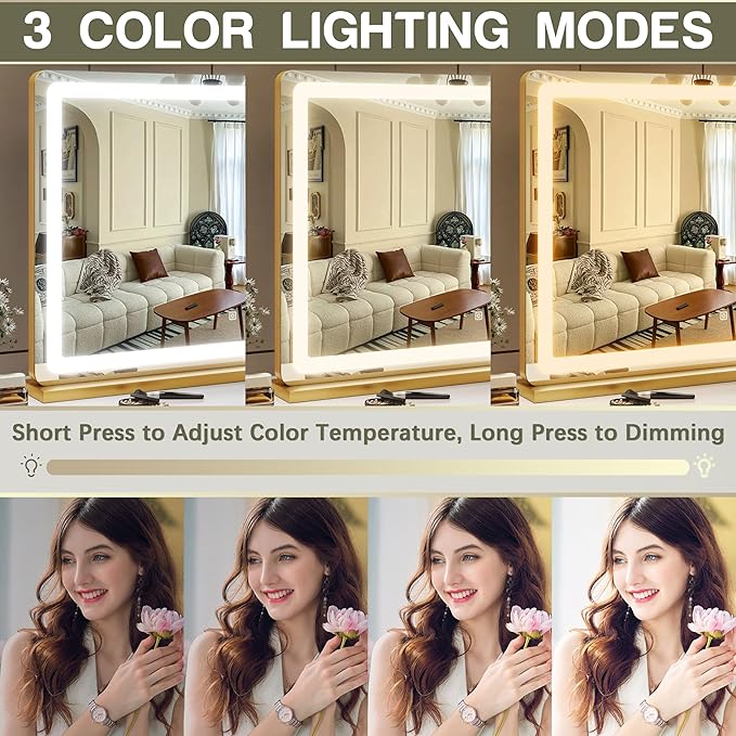 ROLOVE Gold Vanity Mirror with Lights, 32" x 22" Large Lighted Vanity Mirror with Dimmable 3 Modes, LED Makeup Mirror, USB Charging Port, Tabletop or Wall-Mounted