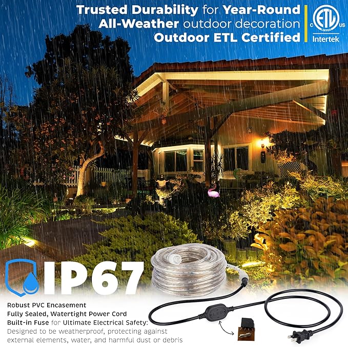 WYZworks 1656LEDs, 150ft LED Outside Rope Lights, Waterproof Permanent Outdoor ETL Certified Connectable Clear Tube, Christmas Palm Tree Holiday Decorative Landscape Patio Accent Lighting - Warm White