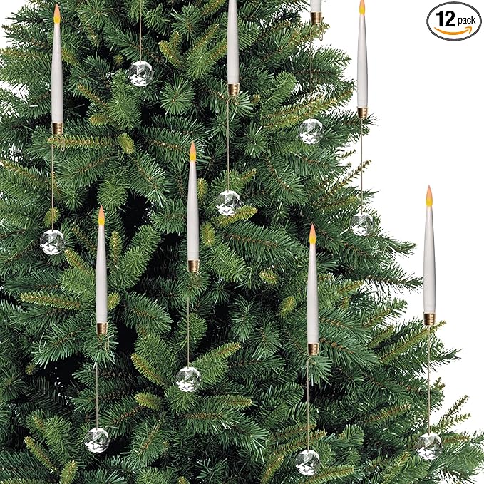 Christmas Tree Candles, 12 Pack Flameless Taper Candles for Christmas Tree Decor, Battery Operated with Remote Flickering LED Candles with Clear Crystal Ball Gold Hook for Xmas Gift Wedding Home Decor
