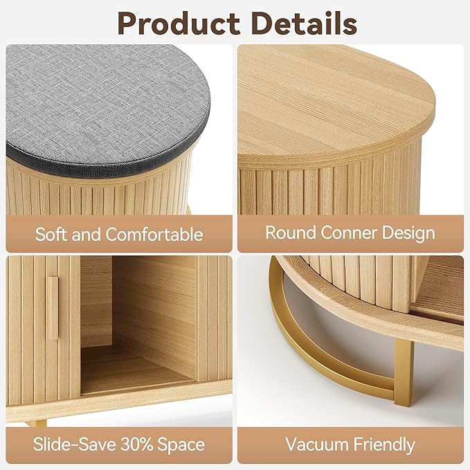 47.2'' Entryway Storage Bench Seat with Sliding Door, Large Shoe Bench with Sturdy Metal Feet & Soft Cushion, Multi-Scene Use for Entrance, Bedroom & Living Room（Oak）