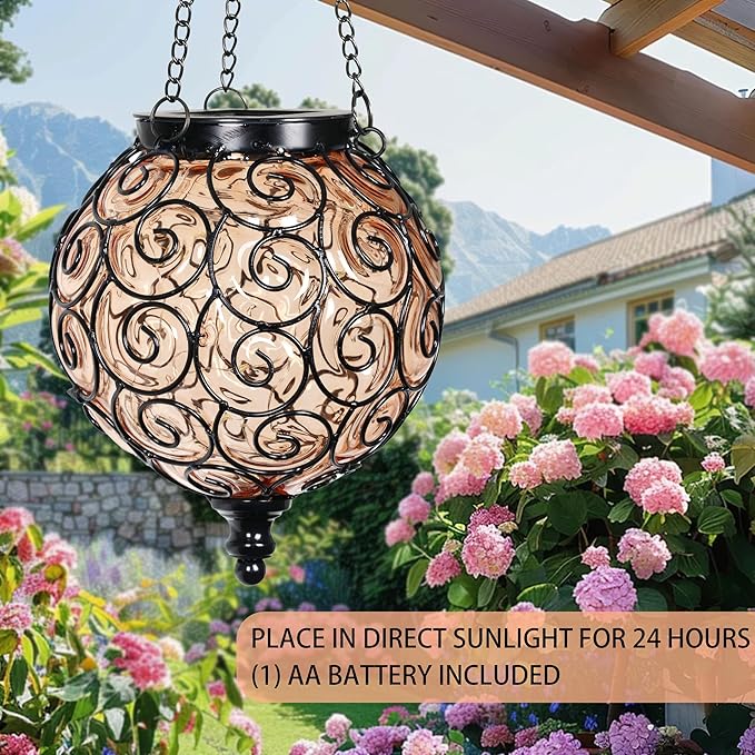 Solar Hanging Lantern Outdoor Garden Lights, Round Glass and Metal Hanging Lantern, 15 Firefly LED Lights, 7 x 20 Inch, Amber