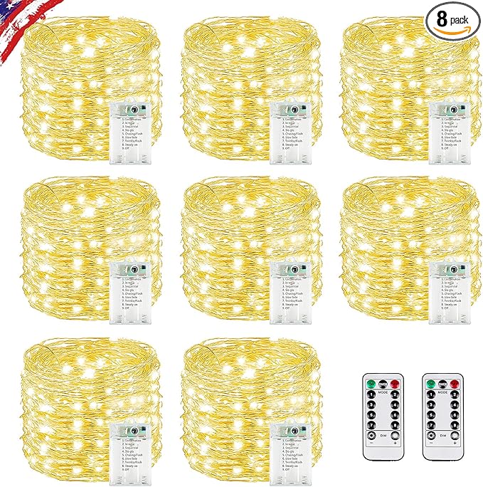 8 Pack Total 160FT 480LED Fairy Lights Battery Operated with Rmote, Waterproof Twinkle Lights with Timer Indoor Outdoor, Cuttable String Light for Bedroom, Classroom, Wedding, DIY, Christmas Decor