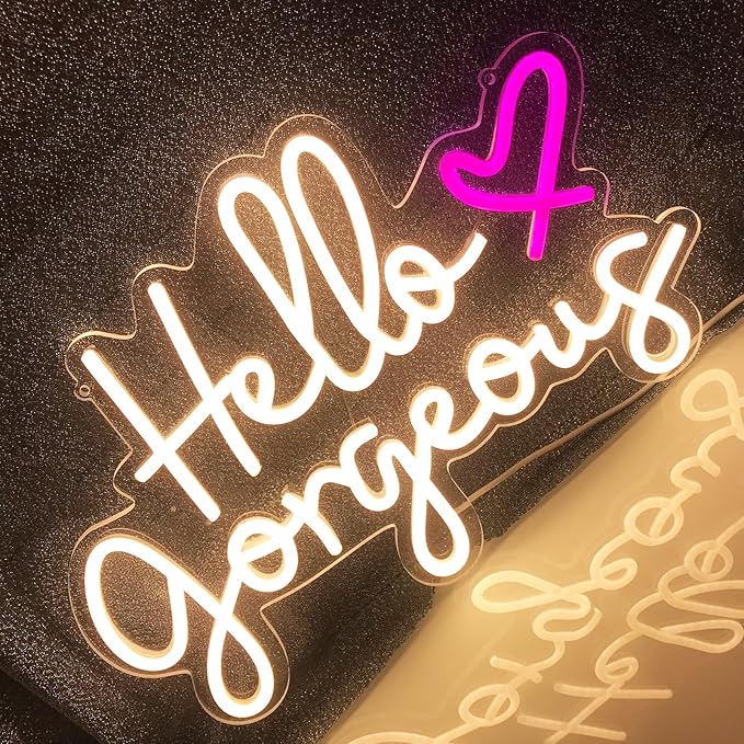Hello Gorgeous Neon Signs for Wall Decor, Hello Gorgeous Neon Light Sign with Dimmable Switch –Led Neon Sign for Girls Bedroom, Makeup Room Decor (warm white) (5V, 16.5"*11")