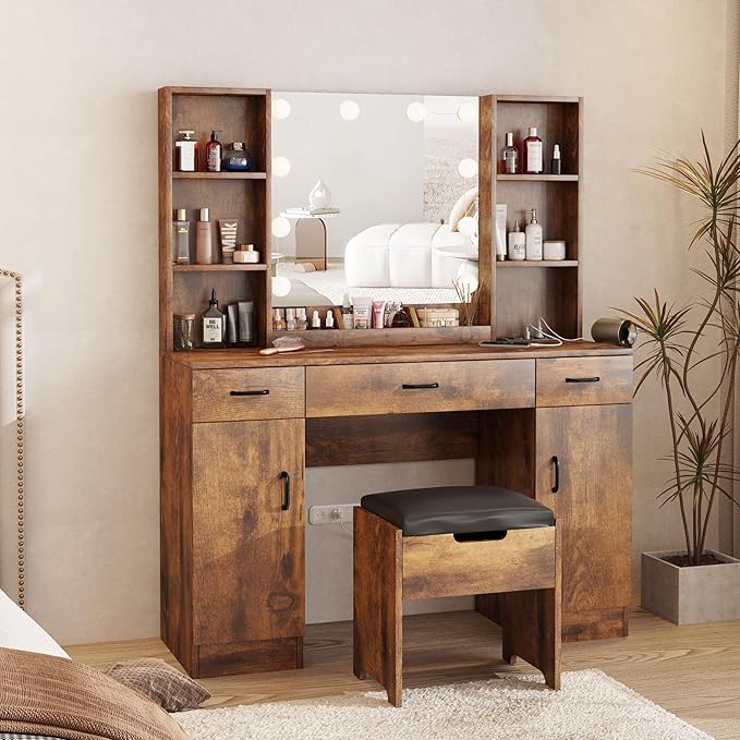 Makeup Vanity Table with Lighted Mirror & Power Outlets, Large Vanity Set Vanity Desk with Storage Stool, 3 Lighting Modes, Brightness Adjustable, 45inch, Rustic Brown