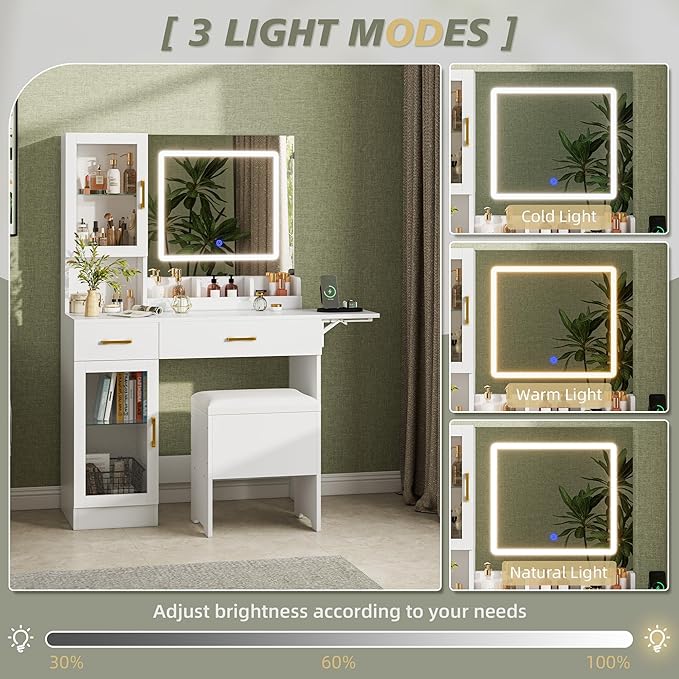 NUNU LAB Morden Makeup Vanity Desk with Mirror, Bedroom Dressing Table Set with Storage Shelf and 5 Drawers, Large Vanity Table with 10 LED Lights for Women, White with Extended Desktop