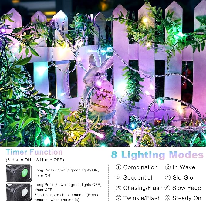 Joomer Easter String Lights 33FT 100 LED String Lights with 8 Modes Timer Connectable Waterproof Plug in Indoor Outdoor, Pastel Fairy light for Easter Decorations