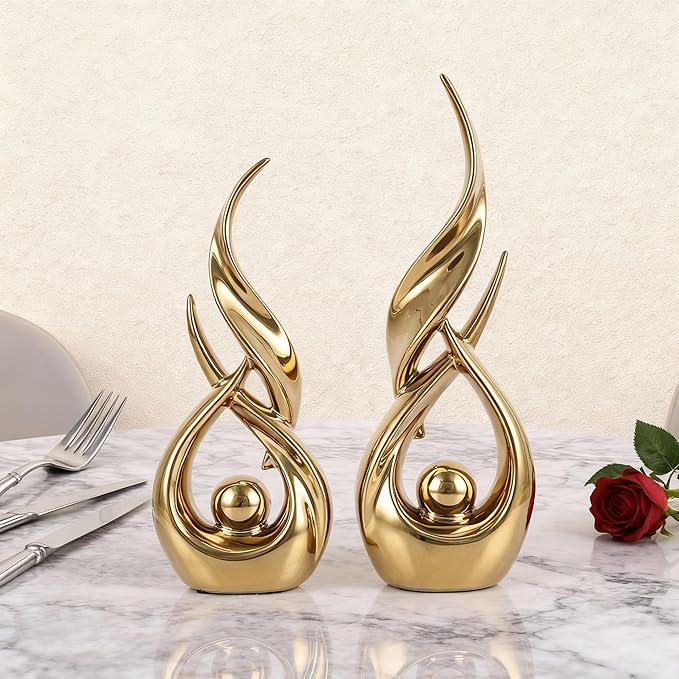 DOVDOV 2-Piece Abstract Gold Home Decor Set, Ceramic Abstract Sculptures, Modern Art Pieces, Suitable for Coffee Table Tops, Office Bookshelves, Dining Table Centers, and entryway Decor.