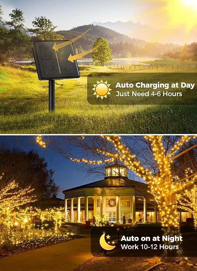 Solar String Lights Outdoor, 2 Pack Total 80FT 200 LED Solar Powered String Lights with 8 Lighting Modes, Waterproof Patio Lights, Solar Lights for Outside Tree Garden Balcony Gazebo Party, Warm White