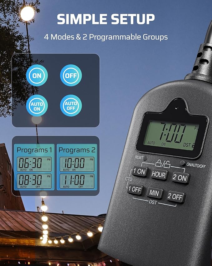 DEWENWILS Outdoor Timer Outlet Waterproof, Outdoor Digital Timer for Lights, Programmable with 2 Grounded Outlets, for Home and Garden, 15A, 1/2HP, Heavy Duty, ETL Listed