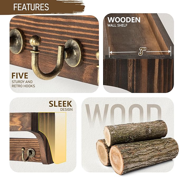 Rebee Vision Pine Wood Key Holder Wall Mount - Multifunctional Key Holder for Wall with Hooks and Shelf for Mail, and Hats - Perfect for Home and Office Organization (Vintage Brown)