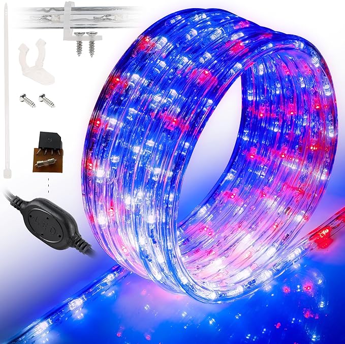 WYZworks 1656LEDs 150ft LED USA Patriotic American Red White Blue Outside Rope Lights, Outdoor ETL Certified Waterproof Permanent 360 Degree Light, Flexible Tube, Connectable, Palm Tree Exterior