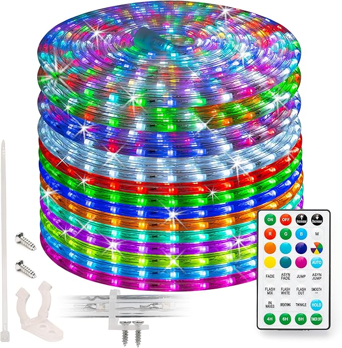 WYZworks 100ft 1152LEDs, 10 Color Changing Outside Rope Light 12-Modes w/Remote Controller, Outdoor ETL Certified Weatherproof Permanent 360 Degree Flexible Bend & Light Emitting Accent Lighting