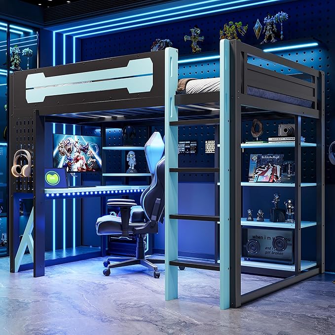 MERITLINE Ultimate Gaming & Study Loft Bed: Full Size Wood Frame with Integrated Desk, RGB Lights, Charging Station, Bookshelf & Pegboard (Black+Blue)