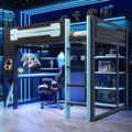 MERITLINE Ultimate Gaming & Study Loft Bed: Full Size Wood Frame with Integrated Desk, RGB Lights, Charging Station, Bookshelf & Pegboard (Black+Blue)