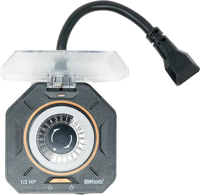 Southwire Woods Outdoor 24-Hour Mechanical Timer - Dual Grounded Outlets - Energy-Saving Power Control - Waterproof Design - Programmable Outdoor Timer - Black