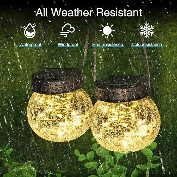 Kolpop Solar Lantern, 2 Pack Solar Lights Outdoor Waterproof with 30 LED, Hanging Globes Lights Cracked Glass for Garden Decor Patio Backyard Outdoor,Warm White