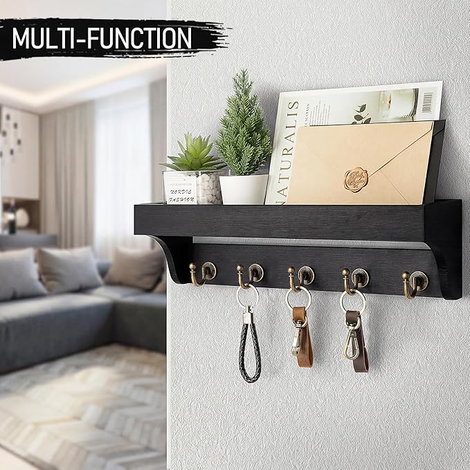 Rebee Vision Key Holder for Wall with Shelf : Decorative Key Organizer with 5 Rustic Keys Hooks and Primitive Wood Mail Organizer Wall Mount - Entryway Décor (Black)