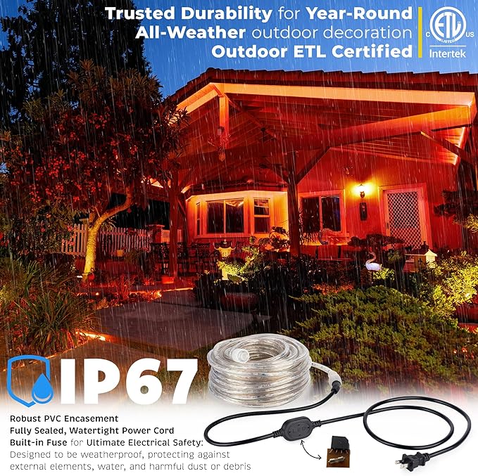WYZworks 576LEDs 50ft LED Outside Rope Lights, Outdoor ETL Certified Waterproof Permanent 360 Degree Light Emitting, Flexible Tube, Connectable, Christmas Palm Tree Exterior Landscape, Orange