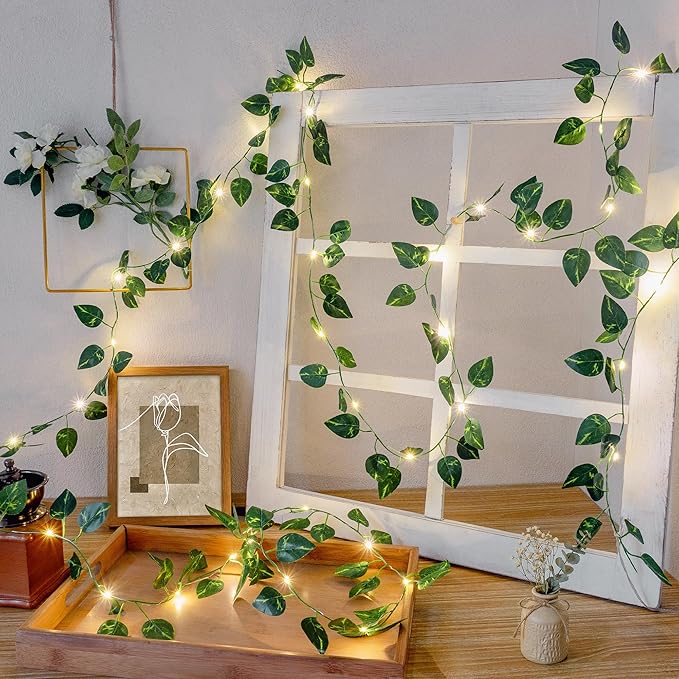 Pothos Green Vine Garland with 40 LED Fairy Lights – Modern Wall Greenery Decor with Remote, 8 Modes & Timer, USB or Battery Powered for Apartment & Indoor Spaces
