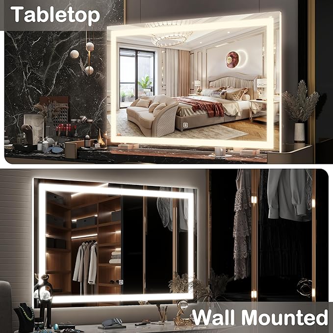 HNV Vanity Mirror with Lights 32"x22" Large Lighted Makeup Mirror, Dimmable 3-Color LED, Touch Screen, Wall-Mount or Tabletop, Ultra-Clear for Bathroom & Bedroom (White)