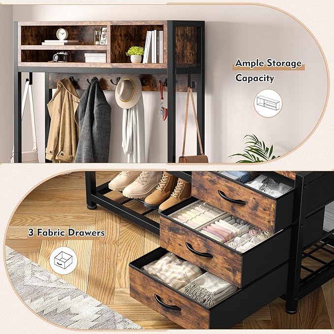 Raybee Hall Tree with Bench and Shoe Storage, Coat Rack Freestanding with 3 Fabric Drawers, Entryway Bench with Shoe Storage, Hall Tree with 12 Hooks for Hallway, Rustic Brown