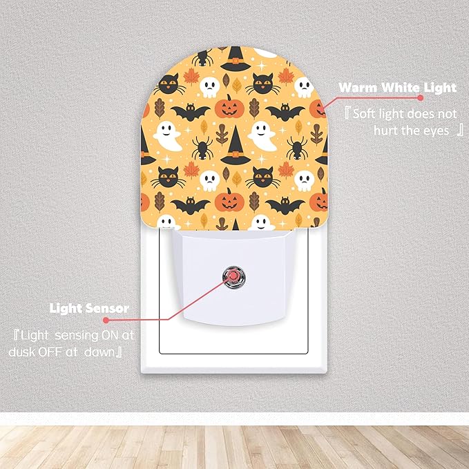 Halloween Ghost Skull Pumpkin Cat Night Lights Plug into Wall for Girls Boys Room,Night Light LED Lamp Dusk to Dawn Sensor Round Lamp for Bedroom Bathroom Hallway Home Wall Decor