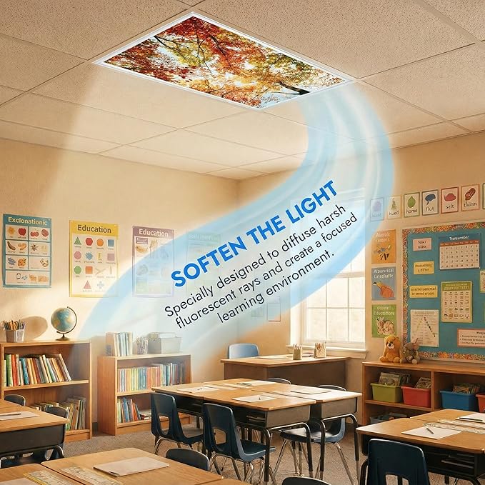 4 Pack Fluorescent Light Covers for Ceiling Lights -Magnetic Cloud Cover for Fluorescent Or LED Fixture 2ft x 4ft Classroom,Home,Office Decoration Filters Overhead Lighting-Autumn leaves