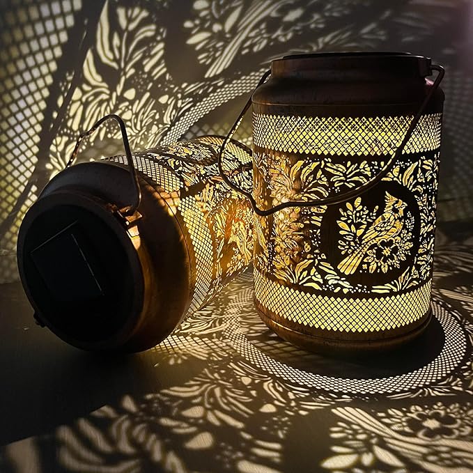 Solar Lantern with Hollow Metal Design, Garden Hanging Light, Copper Color for Outdoor Yard,Patio,Garden Decor (2)