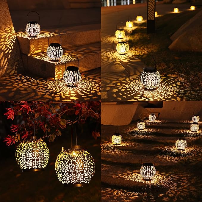 ODEETRONIC 2 Pack Warm White Outdoor Hanging Solar Garden Lanterns with Star Projection, Retro Hollowed-Out LED Lights, Waterproof for Yard Patio Lawn Porch Pathway Garden