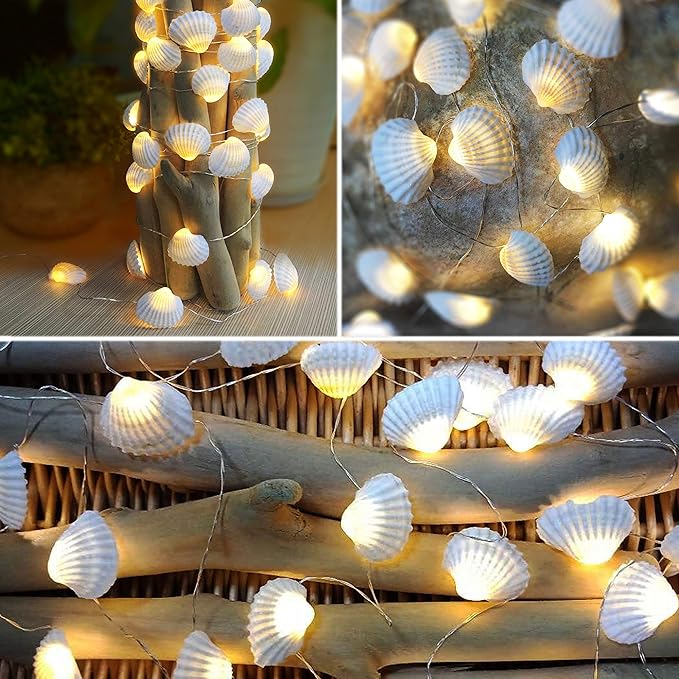 Natural Beach Seashell String Lights 13.85 Ft 40 Warm White LED Weatherproof Battery Operated 8 Modes Ocean Lights for Holiday Parties Bedrooms Weddings Gardens with Remote and Timer