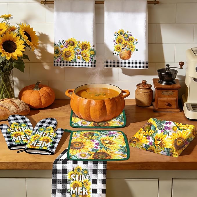 8 Pcs Sunflower Plaid Kitchen Towels and Dishcloths Sets - Pot Holders and Oven Mitts Set Kitchen Accessories 4 Dish Towels 2 Absorbent Square Potholders for Cooking Baking Farmhome Gifts