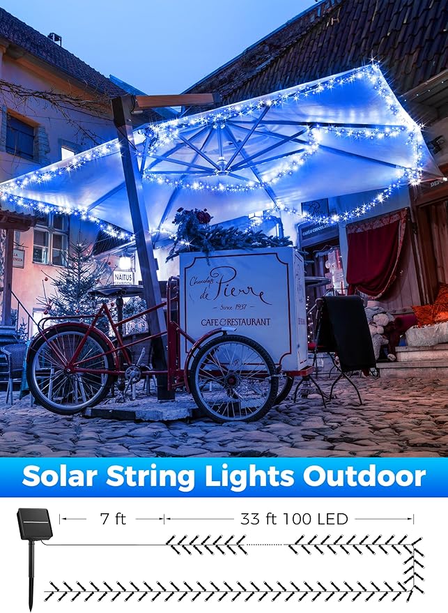 Minetom Solar Christmas Lights Outdoor Waterproof - 40FT 100 LED With 8 Modes - Decoration for Outside House, Tree, Party, Yard - Blue & Pure White