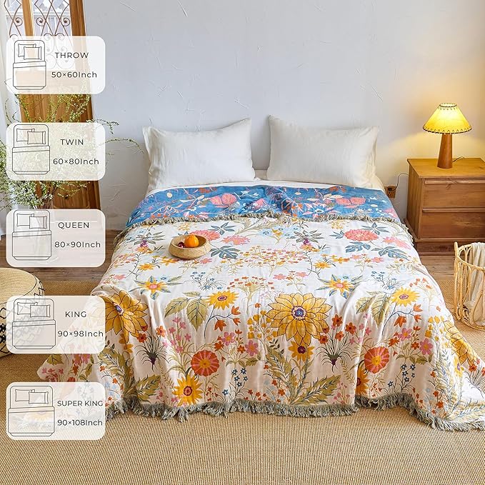 Queen Size Throw Blanket for Bed 100% Cotton Boho Oversized Soft Cozy Muslin Quilt Blanket Double Bird and Florals, Vintage Farmhouse Cottage Woven Blankets for Bedding Couch,Colorful Floral,80"×90"
