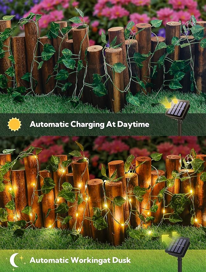 woohaha Solar Vine with Fairy Lights,23ft 73LED Ivy String Light for Christmas Decorations,Leaf Light for Bedroom, Room, Wall, Garden, Party, Wedding Decor (Warm White)