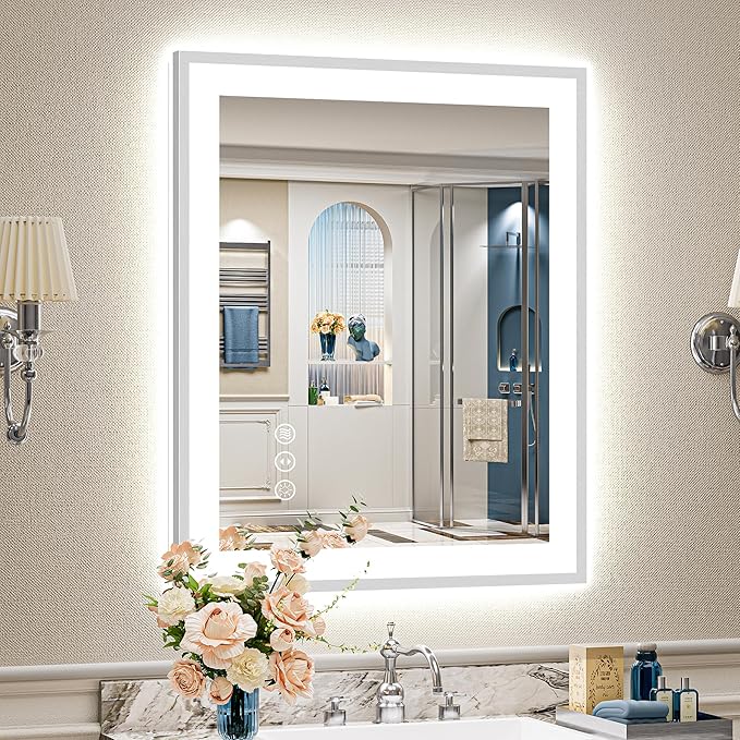 24x32 Brushed Nickel LED Bathroom Mirror with Lights, Sliver Framed Backlit and Front Lit Anti-Fog Lighted Vanity Mirrors for Bathroom Wall, Dimmable, 3 Colors, Memory, Tempered Glass, CRI＞90