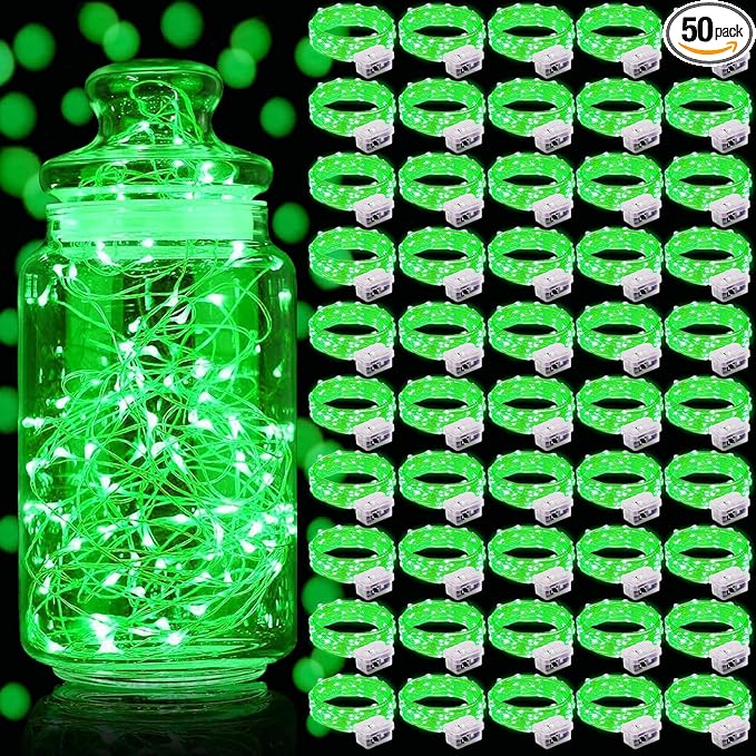 Aogist 50 Pack Fairy Lights 3 Modes 7ft 20 LED Waterproof,Battery Operated Silver Wire Firefly Starry Moon Mini String Lights for Mason Jars Christmas DIY Crafts Wedding Party Bedroom,Green