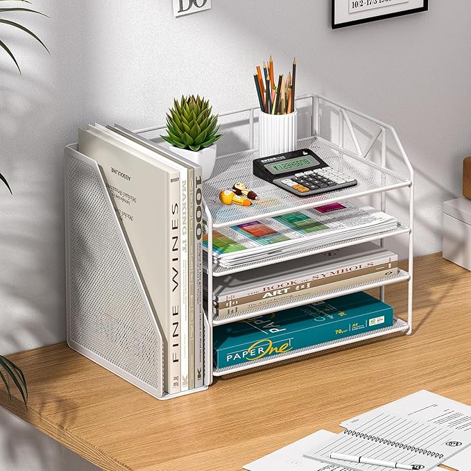 White Desk Organizers and Accessories with File Holder – Aesthetic Desk Accessories Women Love – Decorative Office Set with Magazine Rack – Desk Set for Girls Room and Office Setup