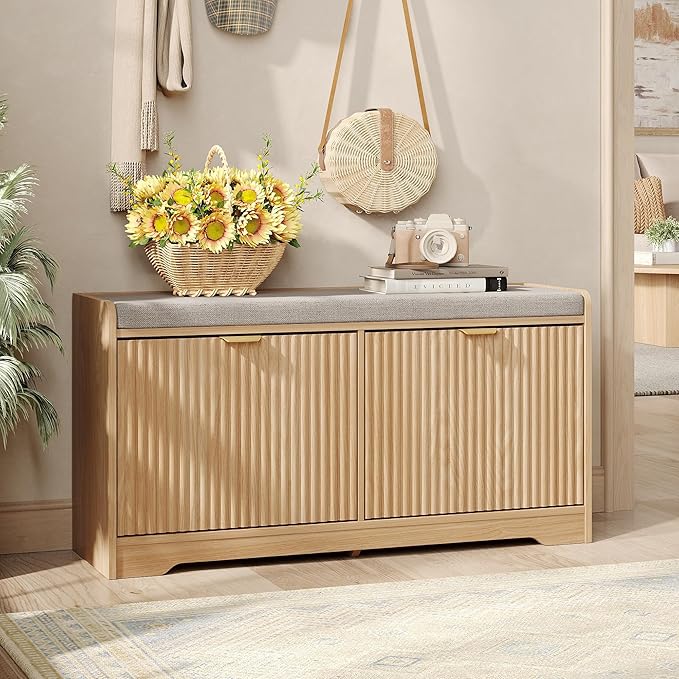 Maupvit Fluted Shoe Bench with 2 Flip-Drawers, 39.4" Narrow Entryway Bench with Shoe Storage and Seat Cushion, Adjustable Shelf, Hidden Shoe Rack Bench for Front Door Entrance, Hallway, Natural