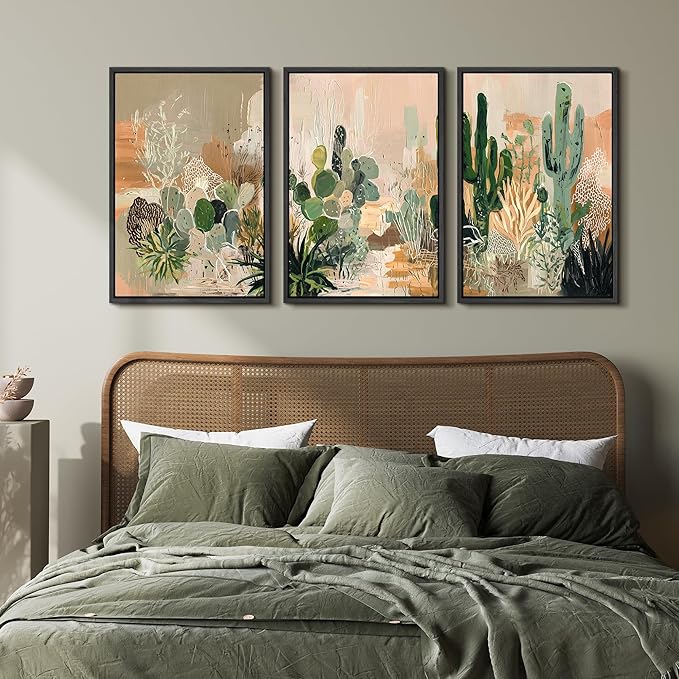 wall26 Framed Canvas Print Wall Art Set Desert Botanicals Triptych in Soft Earth Tones Illustrations Modern Art Decorative Multicolor for Living Room, Bedroom, Office - 16"x24"x3 BLACK