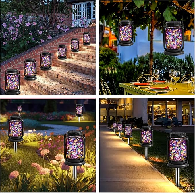 4 Pack Hanging Solar Lantern Lights, 30LED Vintage Glass Mason Jar Solar Fairy Lights Outdoor Decorative Waterproof Table Light with Stakes for Patio Yard Lawn Tree